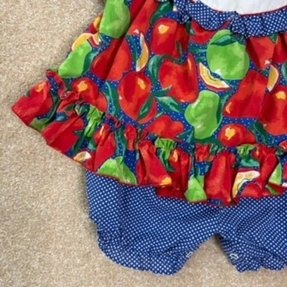VINTAGE DOTS Romper Baby 3-6 Months 3M 6M Apple Print Fall Ruffle Bloomer